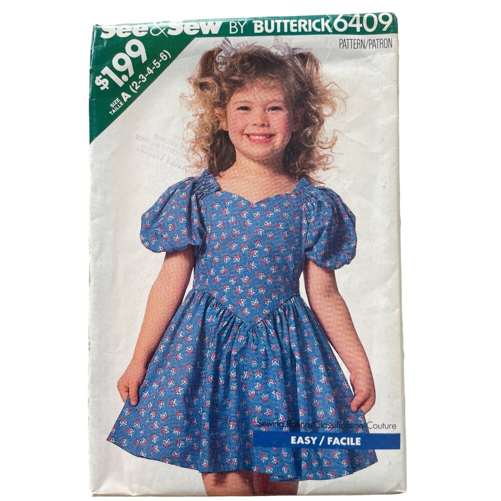 80s Butterick 6409 Sewing Pattern Size A 2-3-4-5-6 Childrens Dress Vintage UNCUT